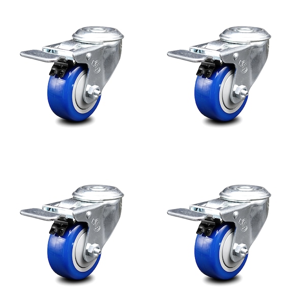 3 Inch Blue Polyurethane Swivel Bolt Hole Caster Set with Total Lock Brake SCC